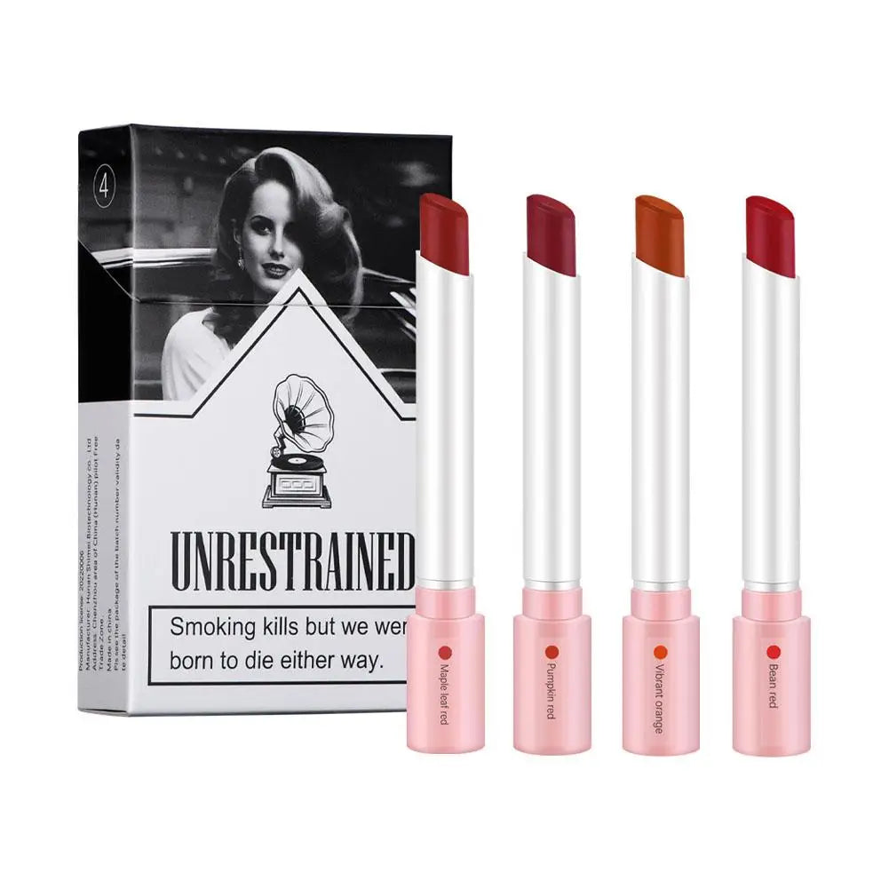 Set of lipsticks with a 'Unrestrained' packaging design featuring a black and white image of a woman.