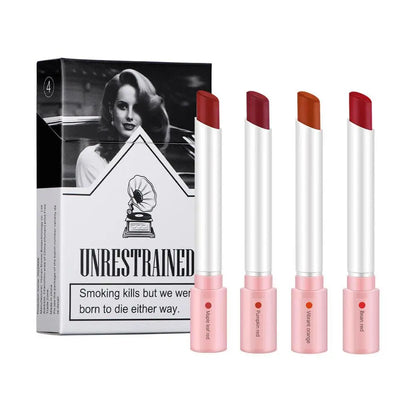 Set of lipsticks with a 'Unrestrained' packaging design featuring a black and white image of a woman.