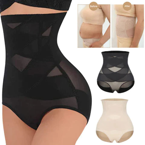 Black shapewear with before and after insets on a white background