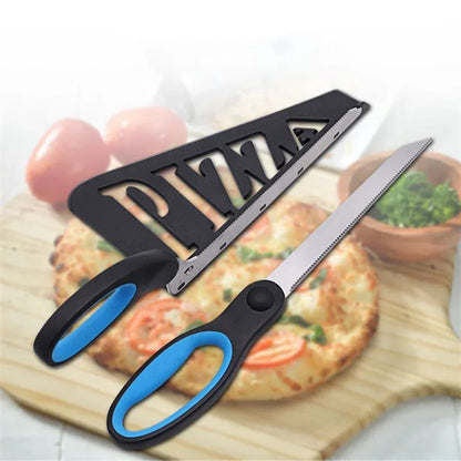 Pair of scissors with black and blue handles on a pizza