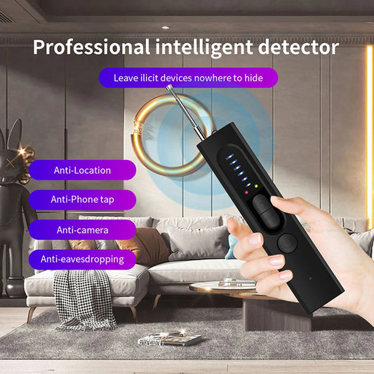 Hand holding a professional intelligent detector with features listed in a modern living room.