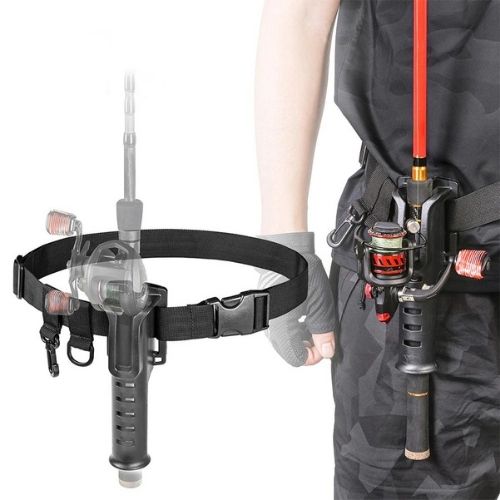Fishing rod holder attached to a person's waist with a white background