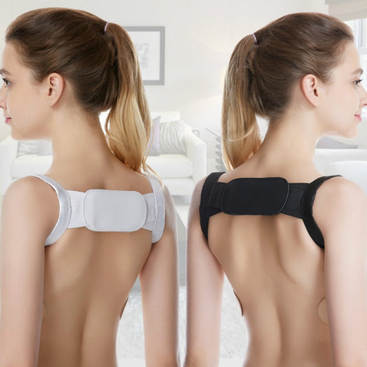 Two views of a woman wearing a white and black posture corrector.