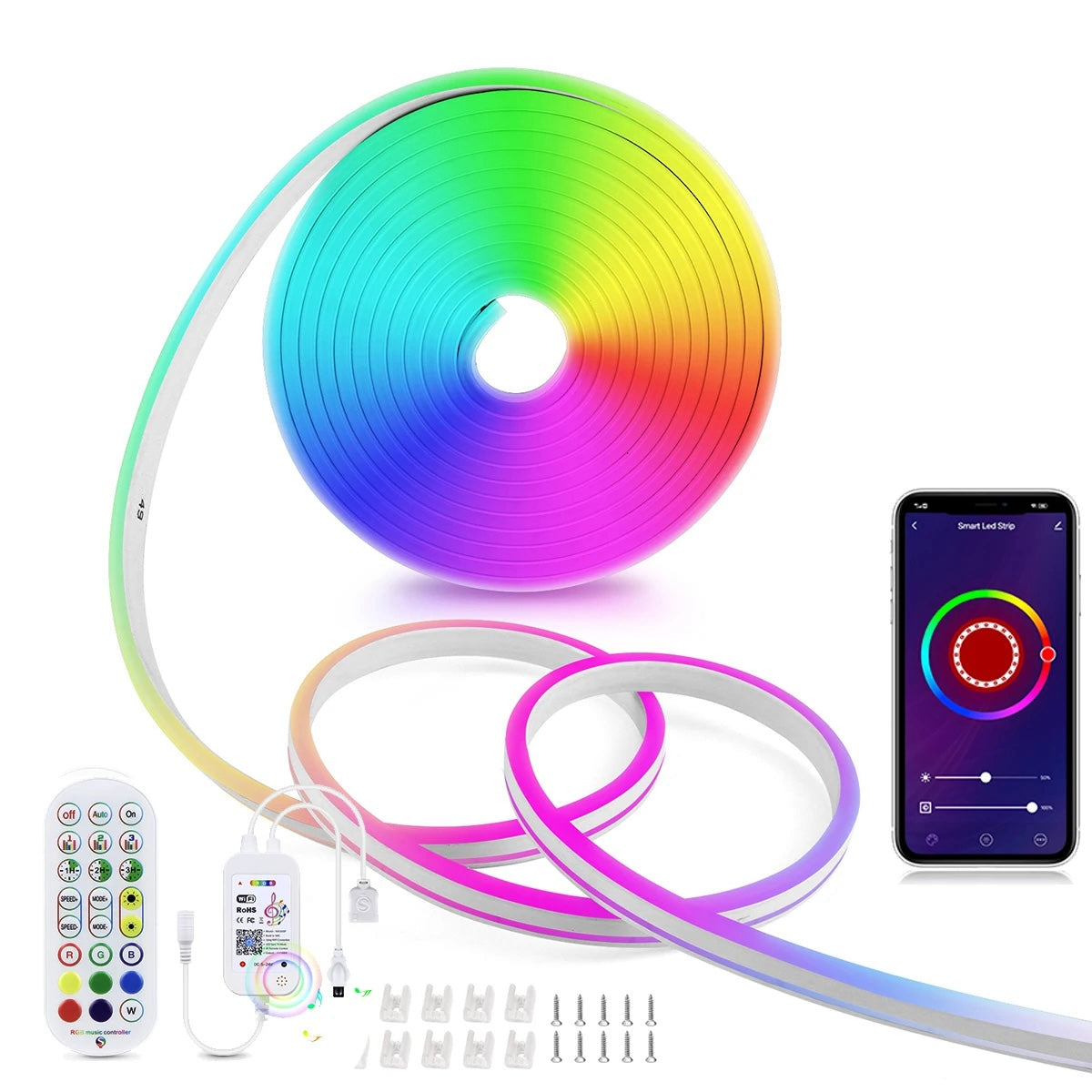 RGB LED strip light with smartphone app control and remote on a white background