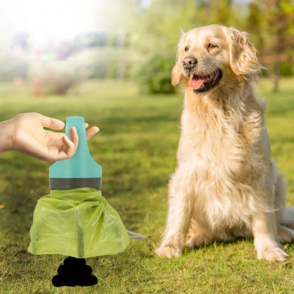 Dog sitting on grass with a hand holding a green pet waste bag dispenser