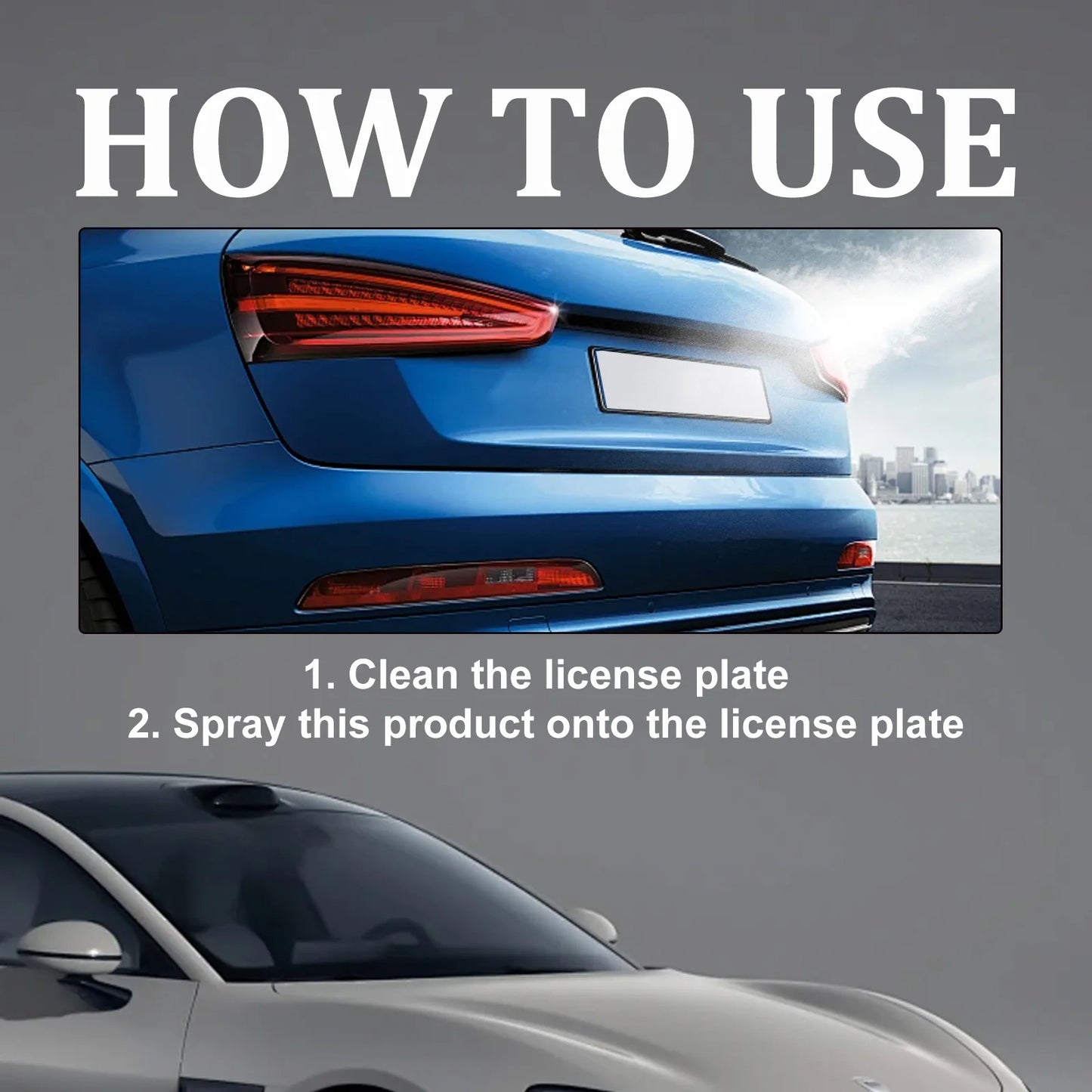Instructions on how to use a product for cleaning a license plate, with a blue car and white car in the background.
