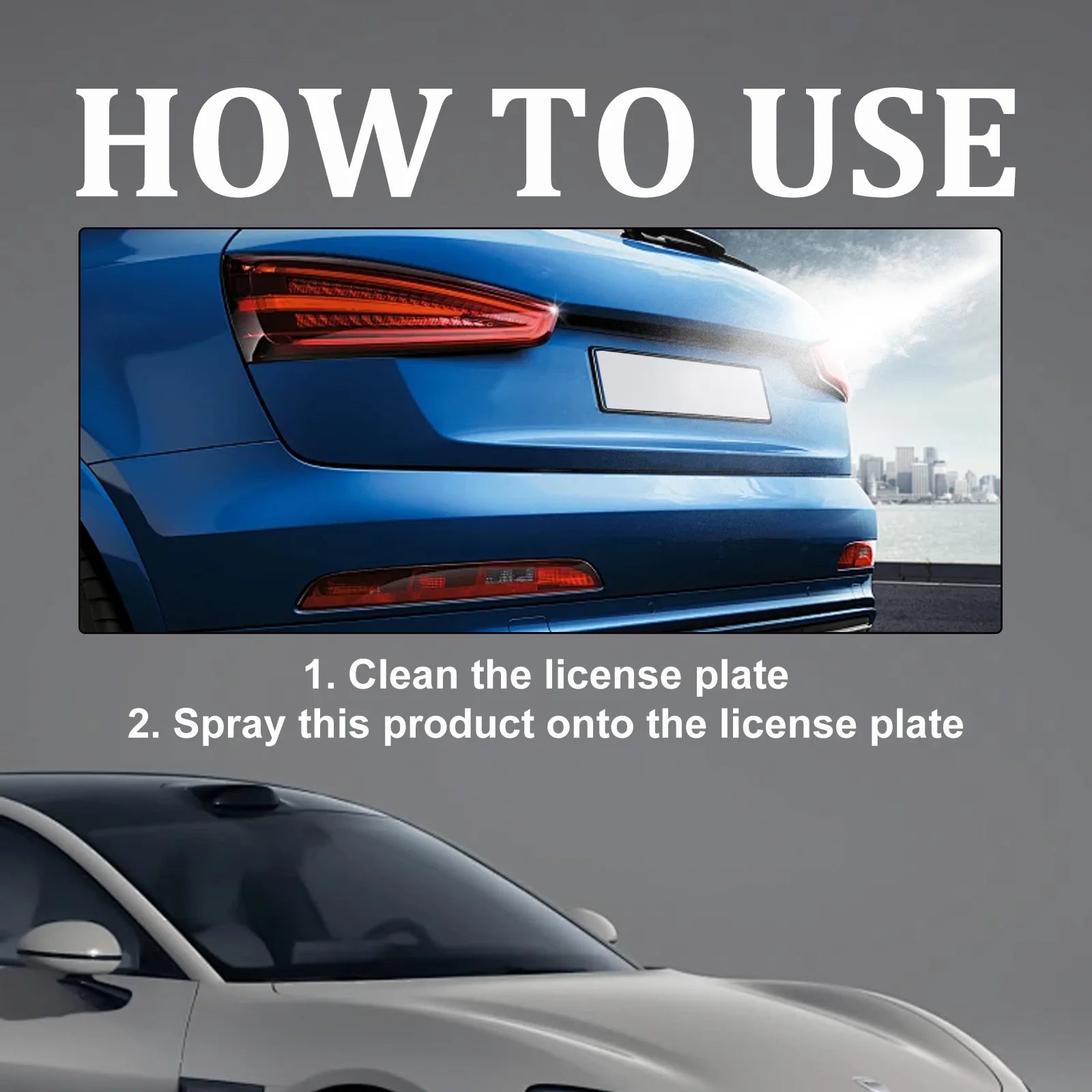 Instructions on how to use a product for cleaning a license plate, with a blue car and white car in the background.