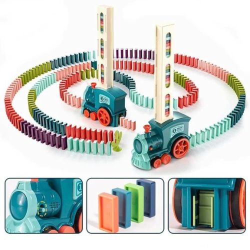 Colorful toy train set with tracks on a white background