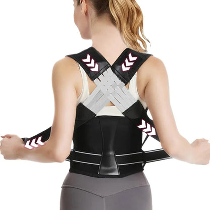 Person wearing a black and gray posture corrector on a white background
