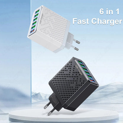 6-in-1 fast charger with two different designs on a light blue background