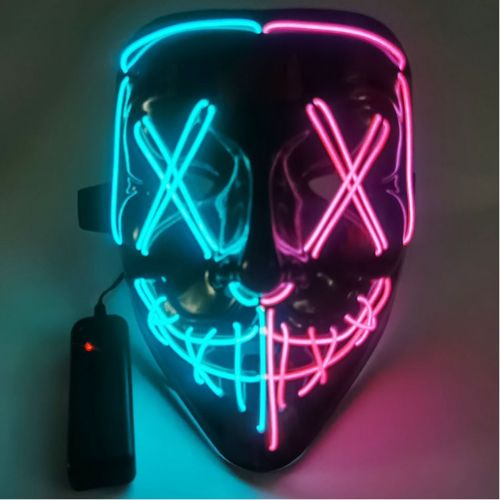 Neon LED mask with blue and pink lights on a dark background