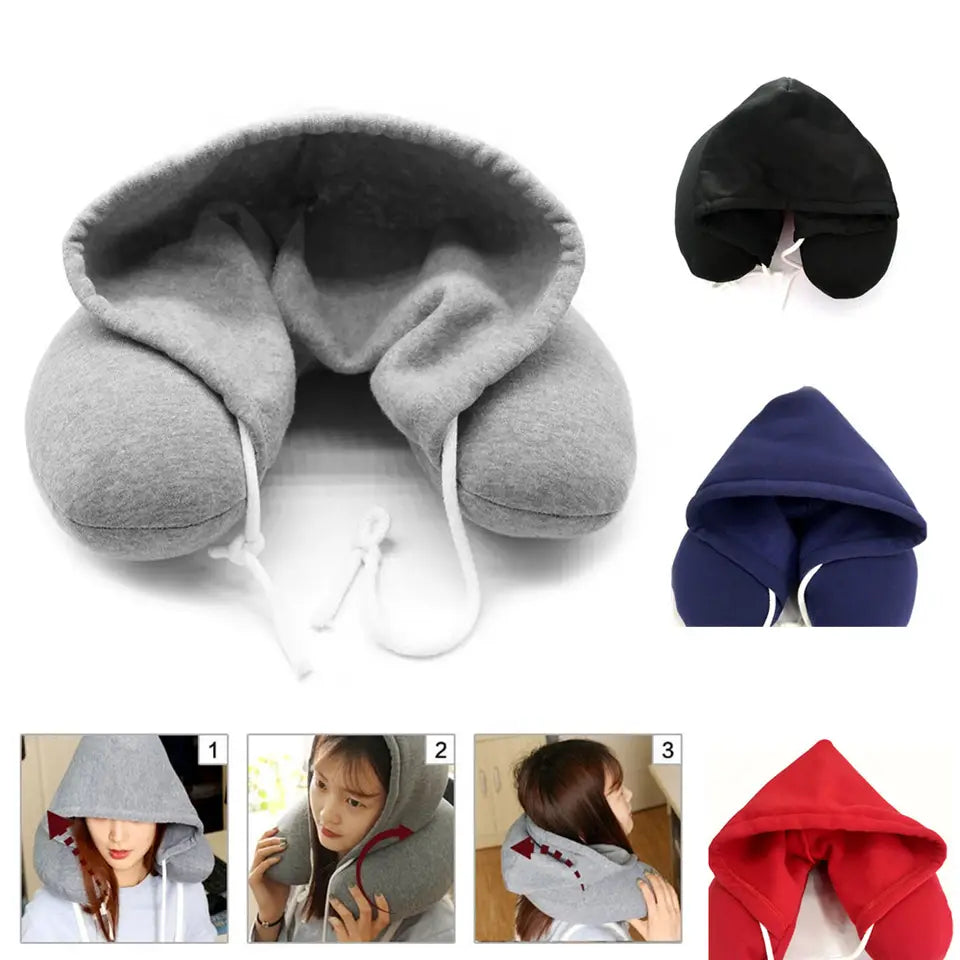 Collage of travel neck pillows in different colors with close-up and usage examples.