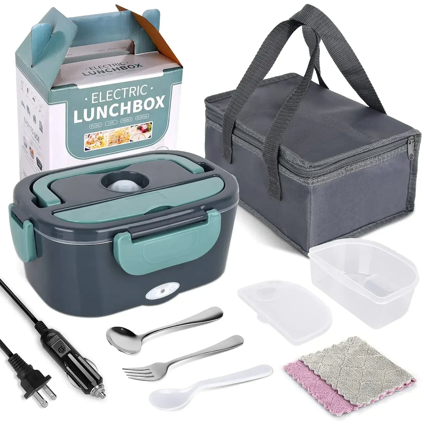 Electric lunchbox set with containers, utensils, and power adapter on a white background