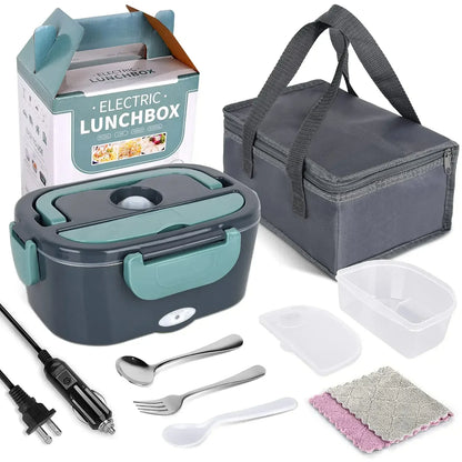 Electric lunchbox set with containers, utensils, and power adapter on a white background
