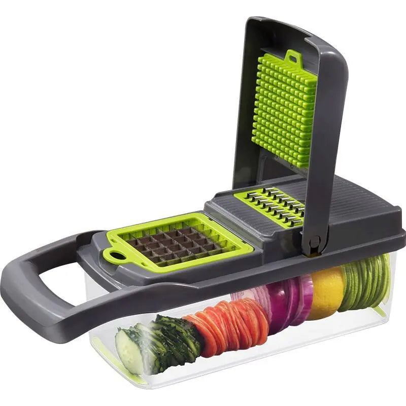 Multifunctional vegetable chopper with sliced vegetables on a white background