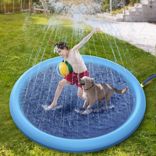 Child playing with a dog in an inflatable pool on a grassy area