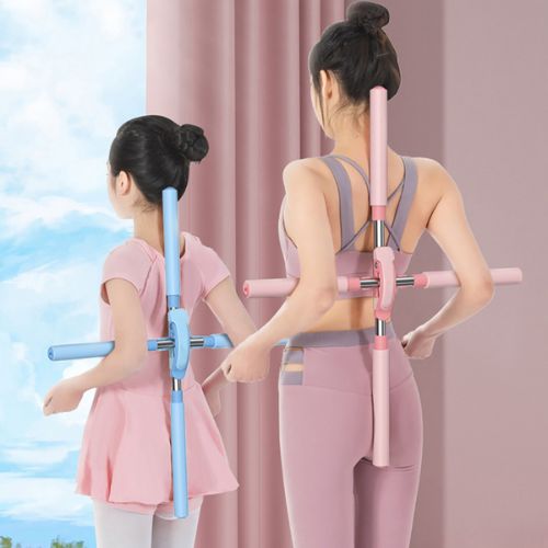 Two women using exercise bars against a pink curtain backdrop
