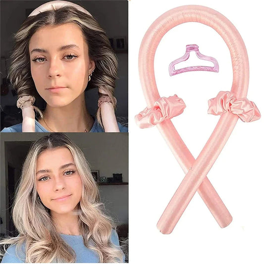 Before and after comparison of hair styling with pink hair ties and a pink hair accessory on a white background.