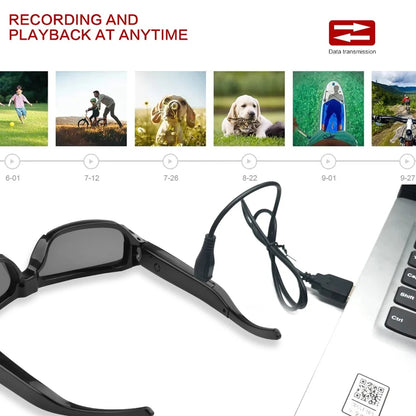 Sunglasses with a cable and control device, with images of people and pets on a screen above.