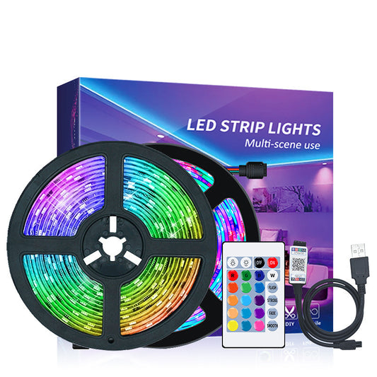 LED strip lights with packaging, remote control, and USB cable on a white background