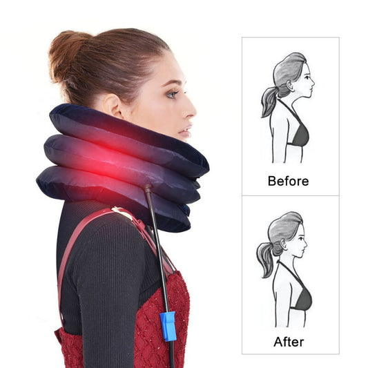 Woman using an inflatable neck pillow with before and after illustrations on a white background