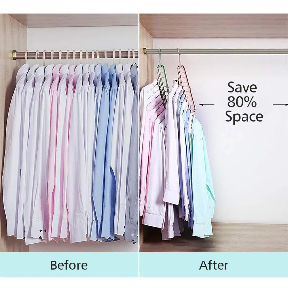 Clothing stored on hangers with text indicating space savings, before and after comparison.