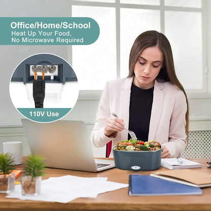 Woman eating salad at a desk with a portable food warmer, office/home/school setting.