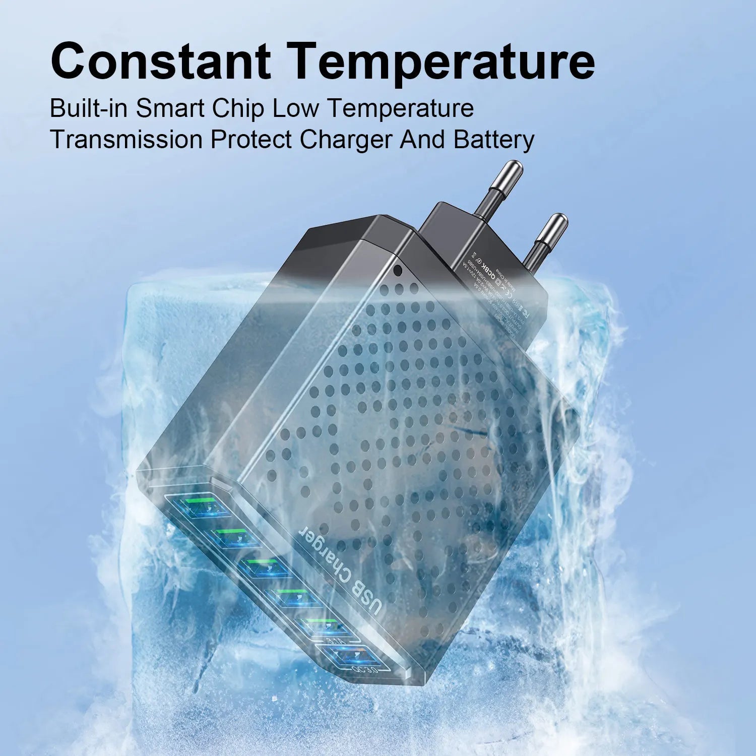 Charger with text about constant temperature protection on a blue background