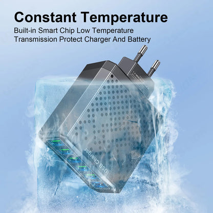 Charger with text about constant temperature protection on a blue background