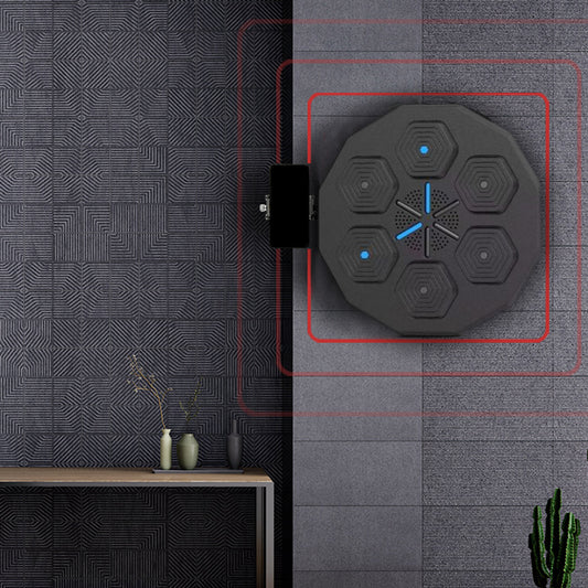 Robotic vacuum cleaner on a textured gray floor with a geometric pattern.
