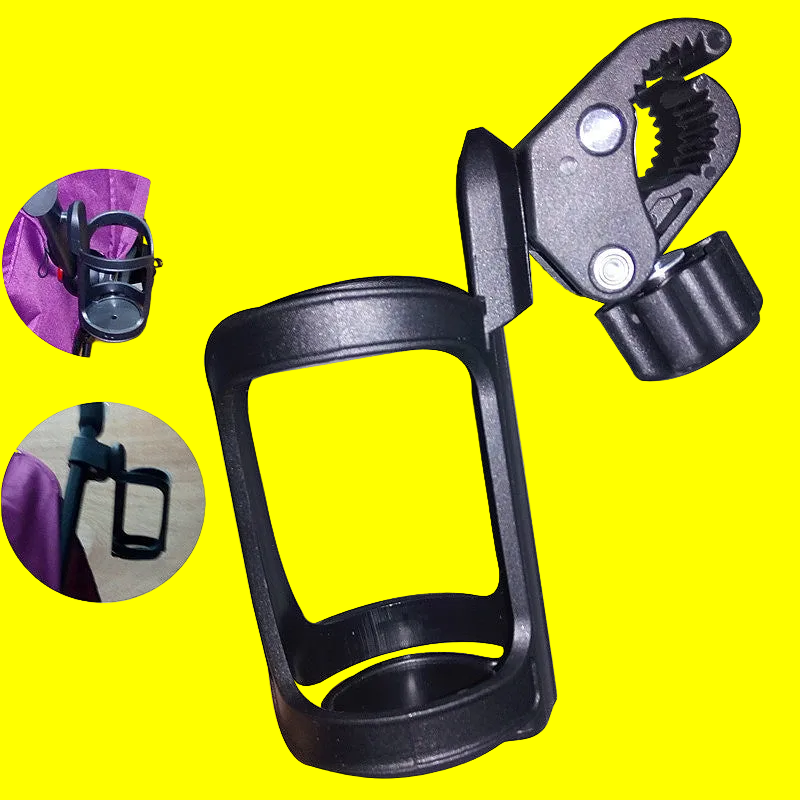 Black cup holder with adjustable clamp on a white background