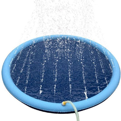 Inflatable pool with water spraying from a hose on a white background