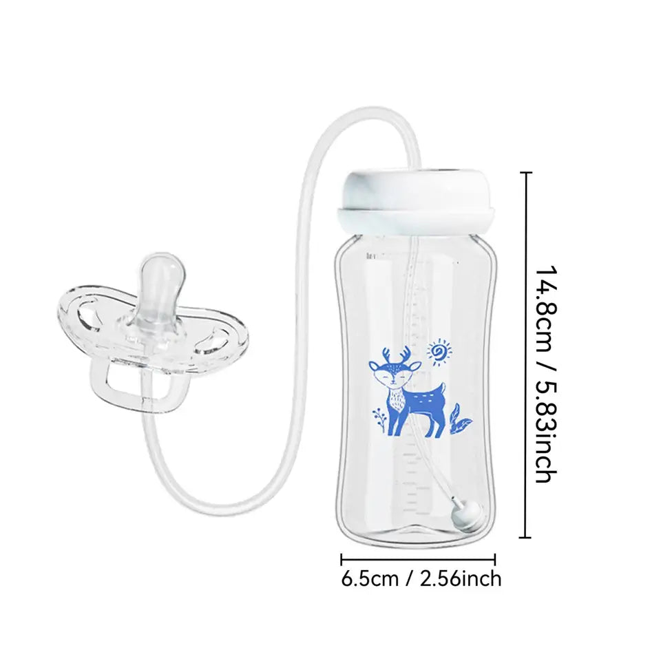Baby bottle with a deer design and dimensions on a white background