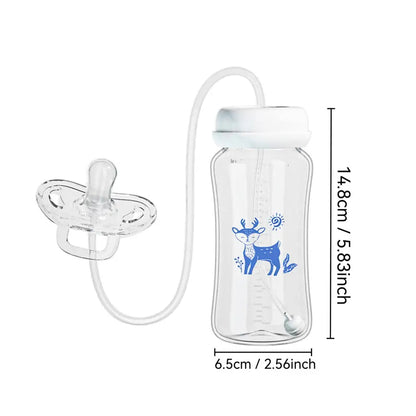 Baby bottle with a deer design and dimensions on a white background