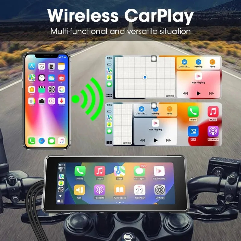 Wireless CarPlay system on a motorcycle with smartphone and car display interface.