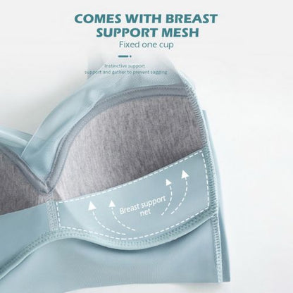 Gray and blue bra with breast support mesh on a white background