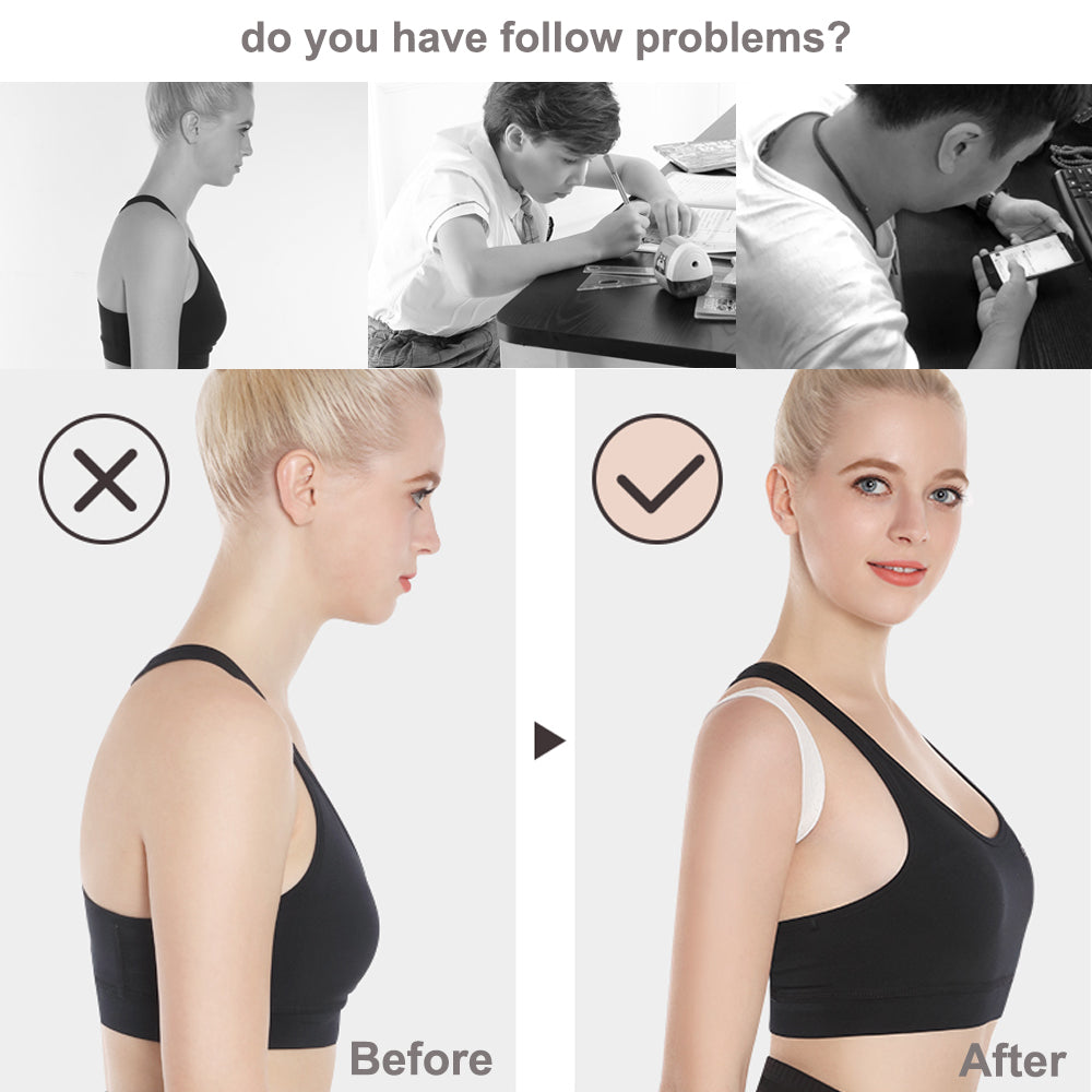 Before and after comparison of a person wearing a black sports bra with corrected posture.