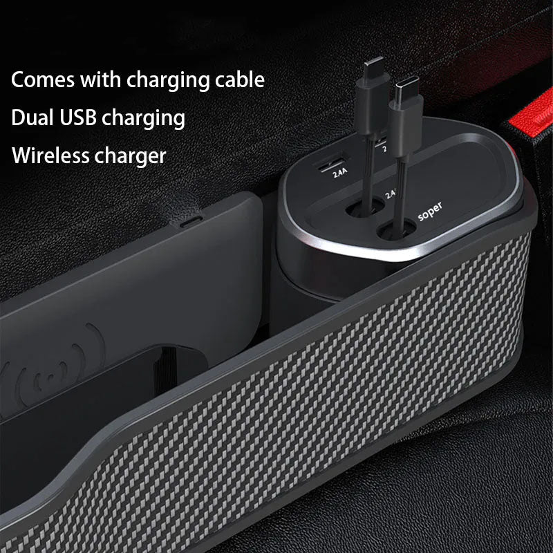 Black and gray charging station with dual USB ports and wireless charger, featuring 'soper' branding.