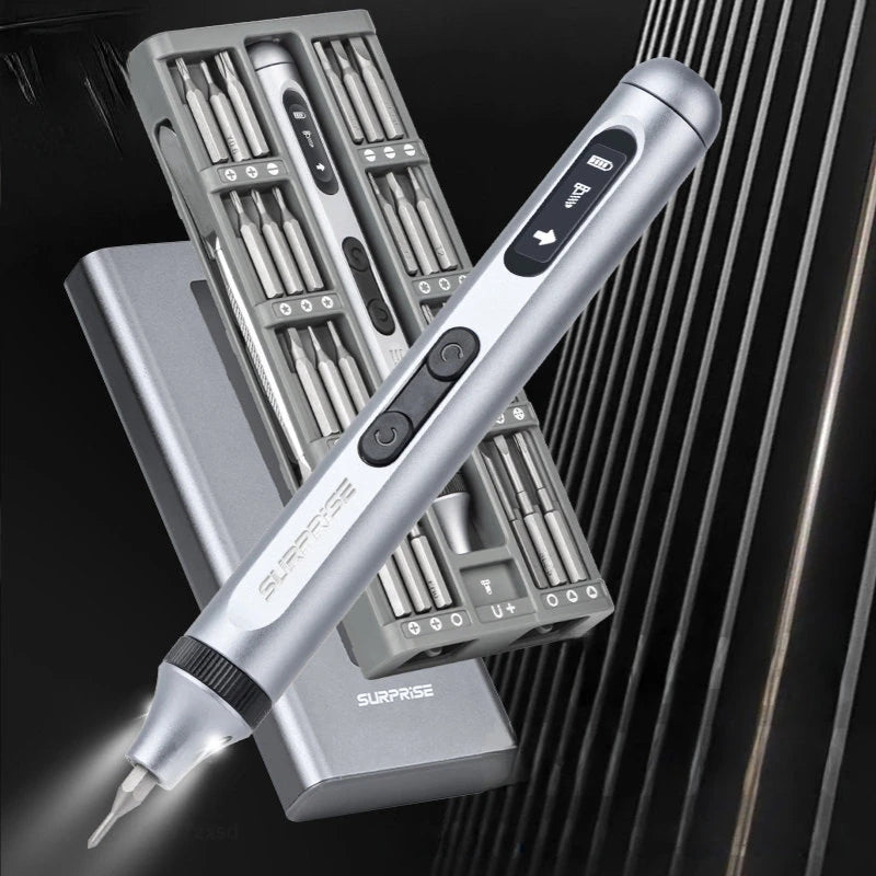 Silver electronic screwdriver with accessories on a dark background