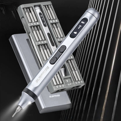 Silver electronic screwdriver with accessories on a dark background