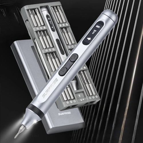 Silver electronic screwdriver with accessories on a dark background