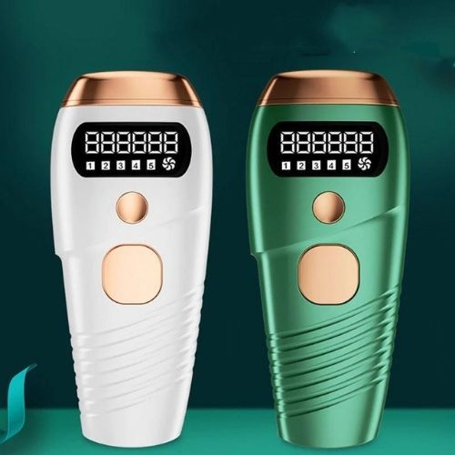 Two laser hair removal devices, one white and one green, on a teal background.