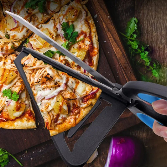 Pizza scissors cutting a pizza with various toppings on a wooden board.