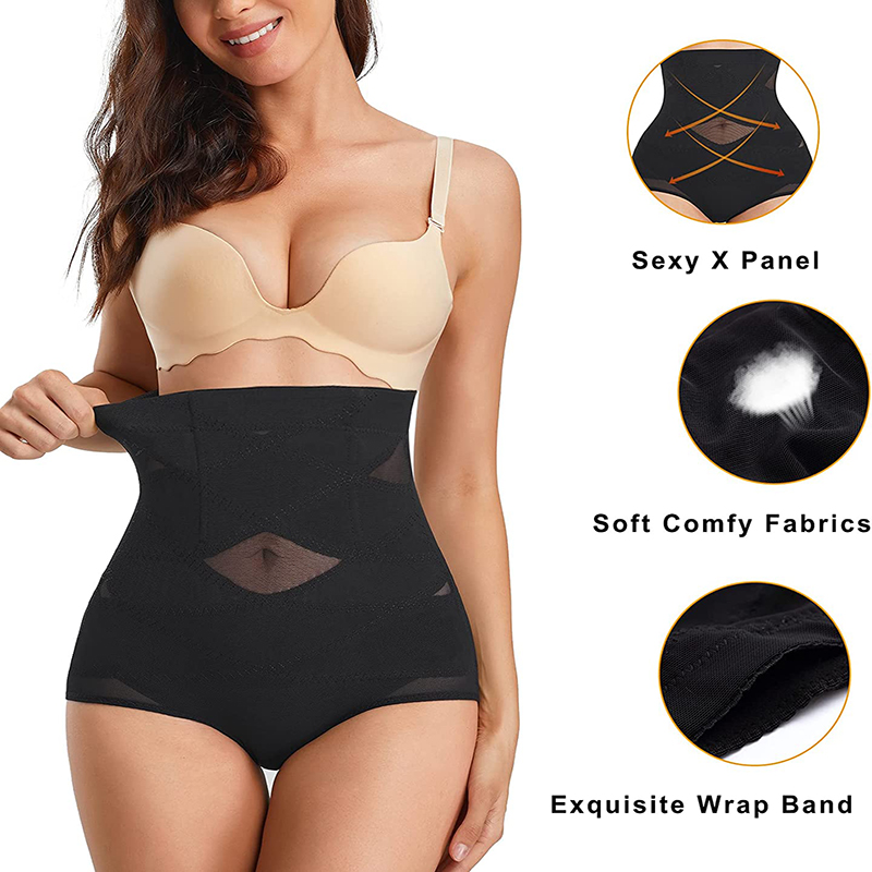 Woman wearing a shapewear product with close-up details on fabric and design.