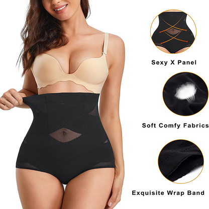 Woman wearing a shapewear product with close-up details on fabric and design.