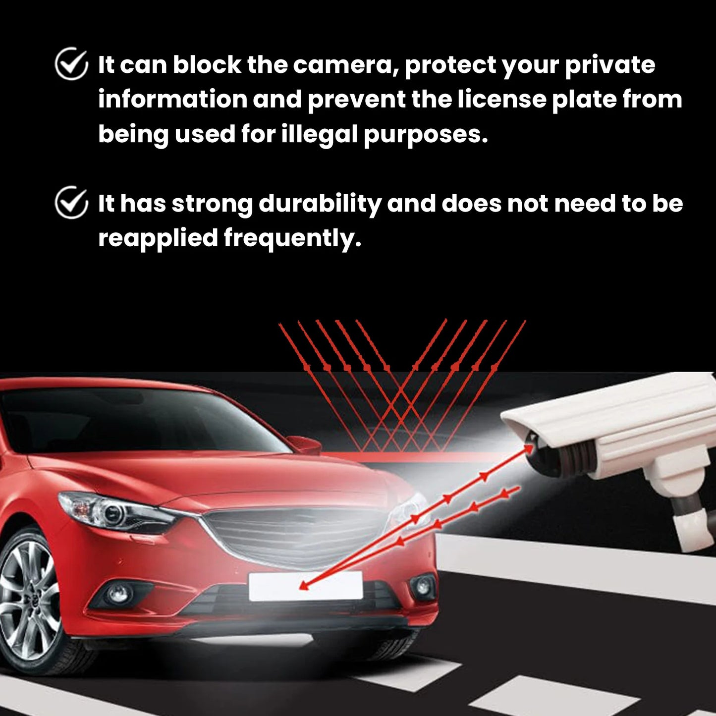 Red car with a security device blocking a camera, emphasizing privacy and durability.