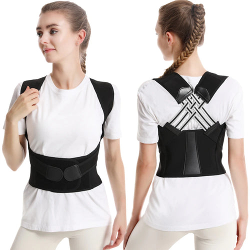 Woman wearing a black posture corrector with front and back views on a white background