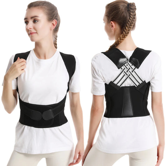 Woman wearing a black posture corrector with front and back views on a white background