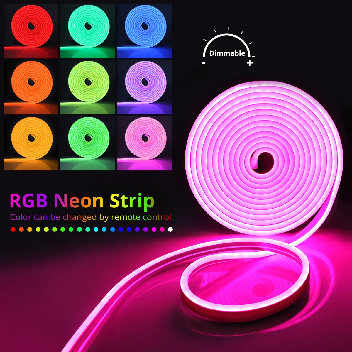 RGB neon strip with color-changing options and dimmable feature on a dark background.