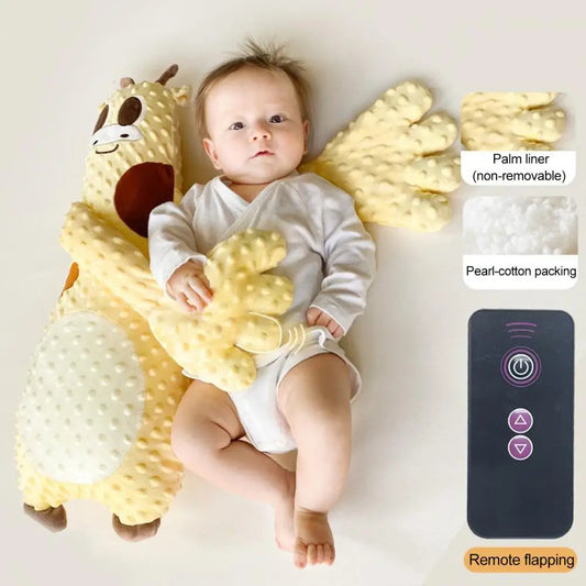 Baby lying on a yellow and white stuffed animal with remote control and product details on a white background